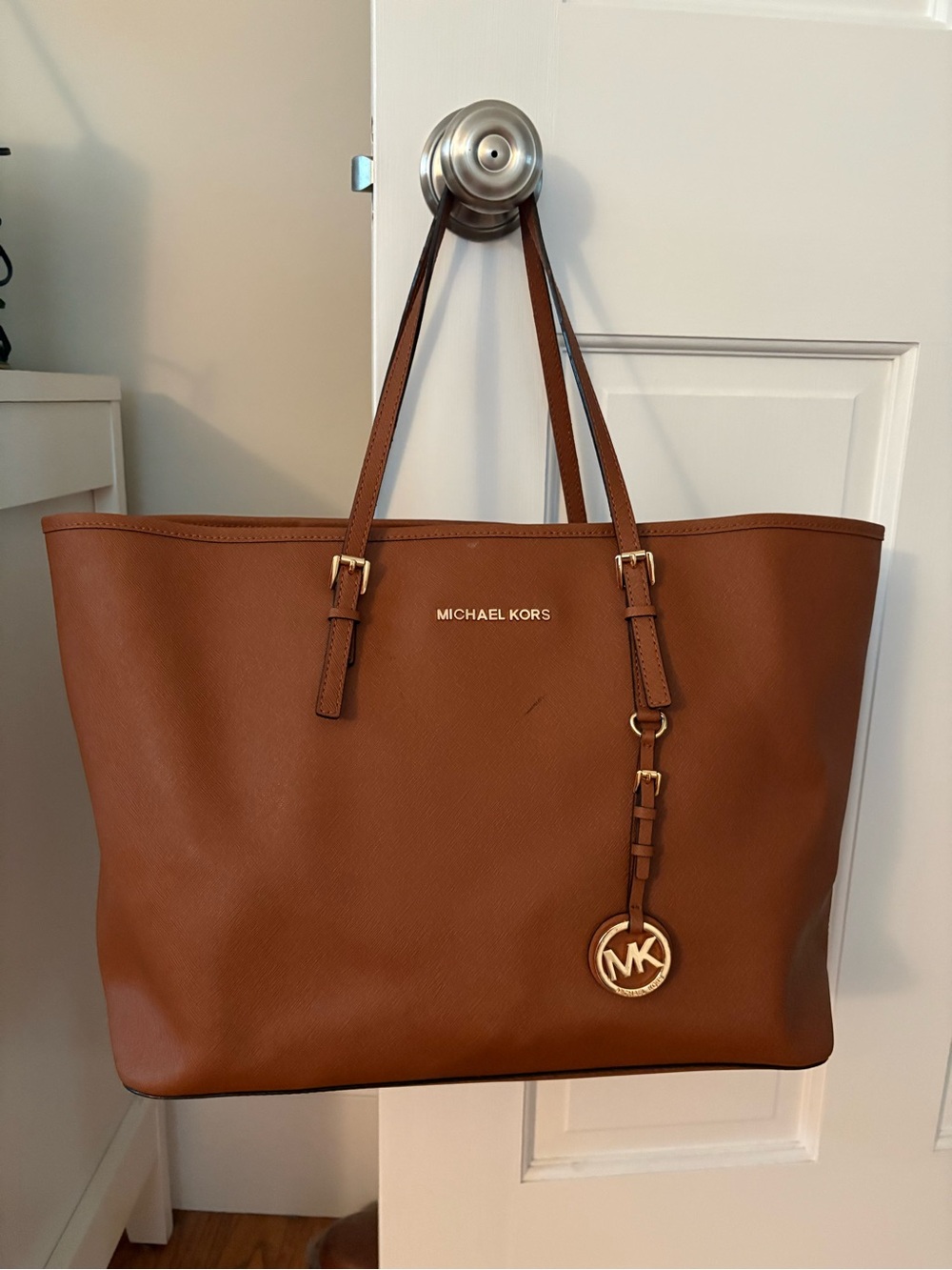 Michael Kors Cognac Leather Tote with Gold MK Charm